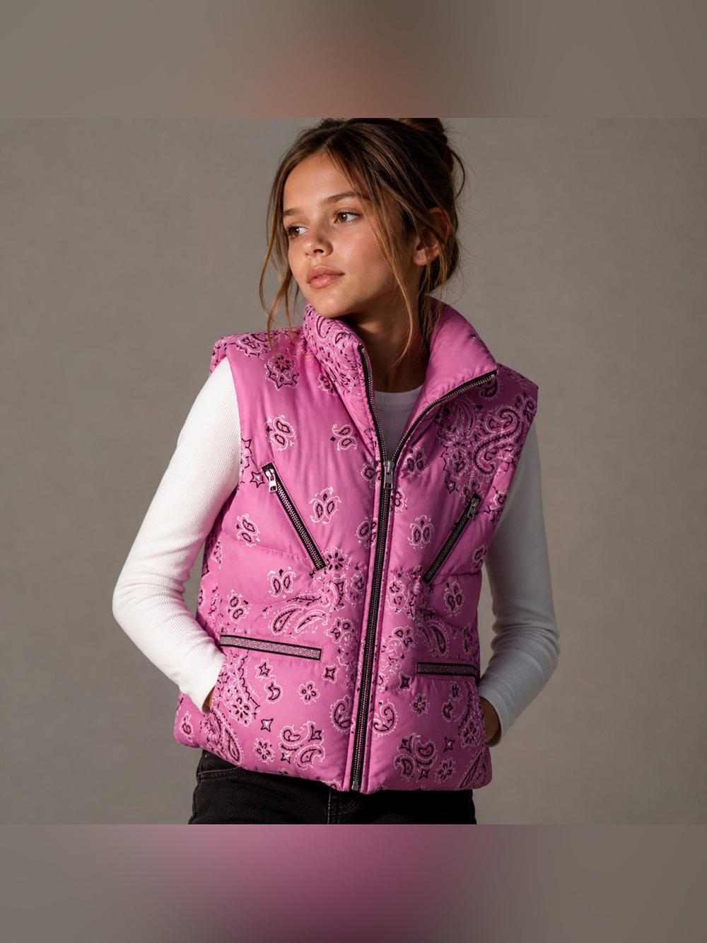 Khrisjoy Kids Pink Bandana Puffer Vest Size 12Y Designer Down Vest NWT